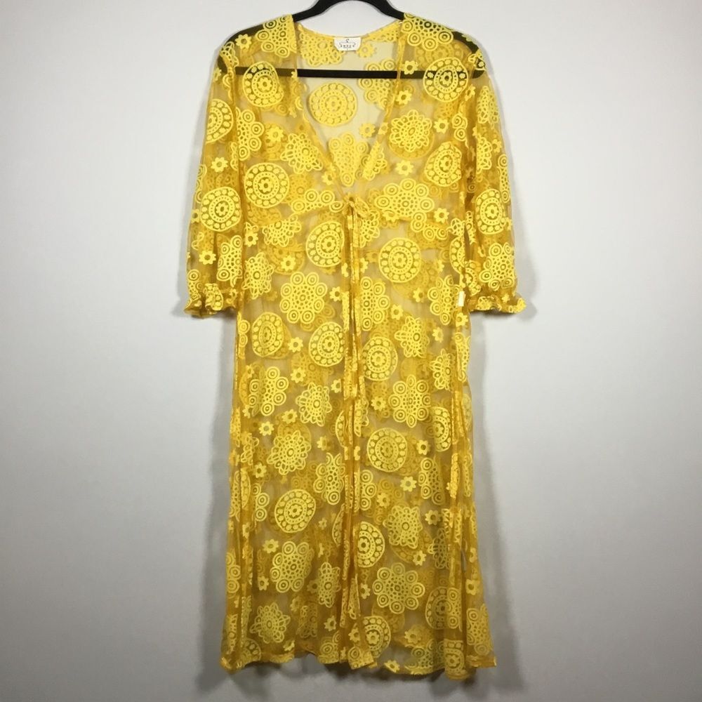 Honeycomb yellow orange sheer long duster kimono robe with mandela pattern sz L